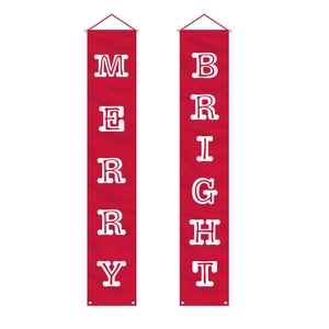 Red Merry and Bright Christmas door banners made of lightweight polyester fabric