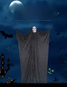 Macro shot of large Halloween hanging ghost with white skull mask and black gauze fabric
