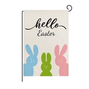 Linen Easter garden flag with hello Easter text and colorful bunny silhouettes on metal stand