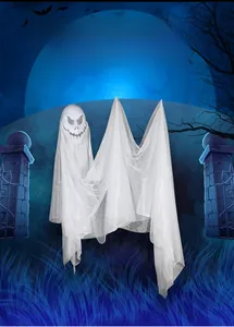 Close-up of lifelike hanging ghost mask with translucent white mesh for Halloween party