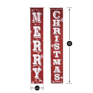 Close-up of 180x30cm Merry Christmas porch banners with red buffalo plaid and snowflake details