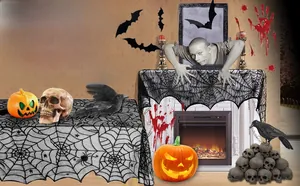 Detail of Halloween lace spider web runner set with skull, pumpkin and bat decorations