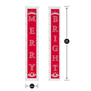 Detailed view of Merry Bright Christmas banners showing 180x30cm size and red fabric texture