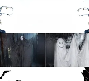 Close-up of Halloween ghost decorations featuring mesh fabric and spooky masks for parties