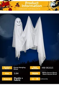 Close-up of 3.8M Halloween ghost hanging prop with realistic skeleton mask and white gauze