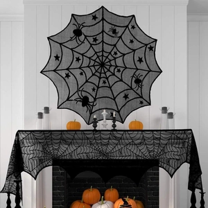 Halloween black lace spider web fireplace scarf and round wall hanging decor set