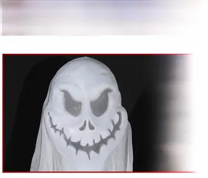 Detail display of realistic plastic ghost mask with durable translucent mesh texture
