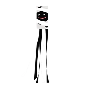 Detail of Halloween mummy windsock showing the lightweight fabric and festive ribbons