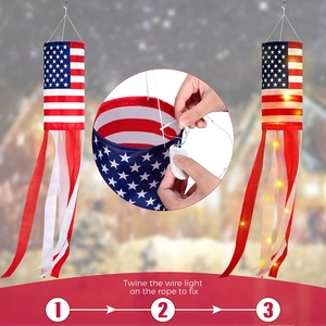 Detail showing LED copper wire string installation on USA flag windsock with battery box
