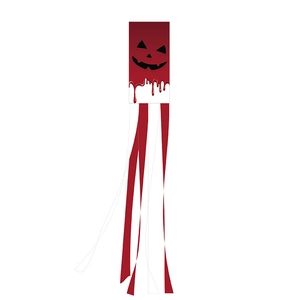 Detail of Halloween windsock featuring a red pumpkin face design and long flowing streamers