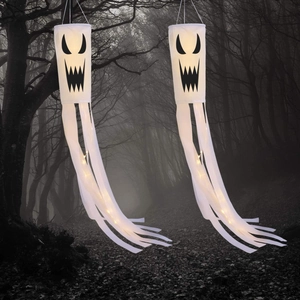 Set of 2 glowing Halloween ghost windsocks with warm LED lights for outdoor decor