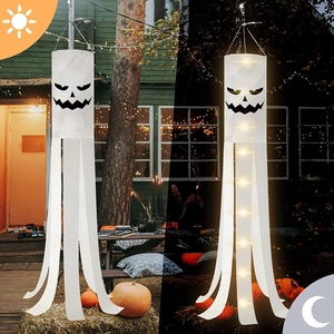 Manica a Vento a Fantasma di Halloween Con Luce LED Bandiera Appesa Bianca Per Giardino Esterno Modello Viso di Fantasma