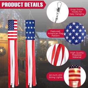 Close-up of USA flag windsock with 40-inch LED light string and swivel hanging hook
