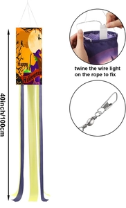Detail showing 40-inch Halloween windsock with LED lights, metal hook and pumpkin pattern