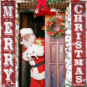 Christmas door banners with red black buffalo plaid and Merry Christmas reindeer prints
