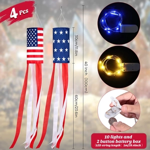 Detail of 4-pack American flag windsocks with 10 LED lights and battery box components