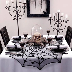 Gothic black lace Halloween table runner with spider web pattern and spider motifs