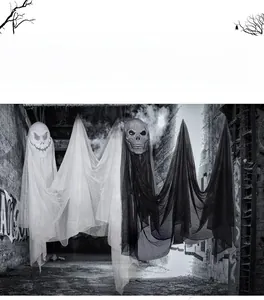 Ghost hanging decorations with spooky skull masks and flowing mesh fabric for parties