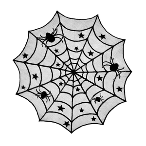 White Halloween lace table runner with black spider webs and stars patterns