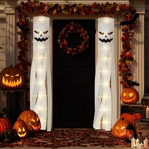 Set di calze a vento a fantasma per Halloween con luci LED per decorazione esterna casa