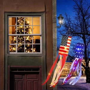 Close-up of LED lit patriotic windsocks featuring stars and stripes for USA outdoor decor