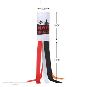 Detailed Halloween windsock dimensions with witch castle pattern and colorful streamers