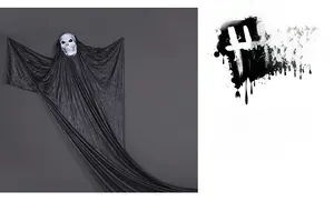 Close-up of Halloween ghost decor featuring a realistic skull mask and black flowing gauze