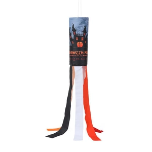 Halloween party windsock with haunted castle print and orange black white streamers