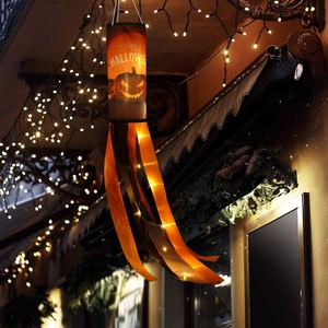 Hanging Halloween pumpkin windsock with warm LED lights for outdoor garden patio decoration