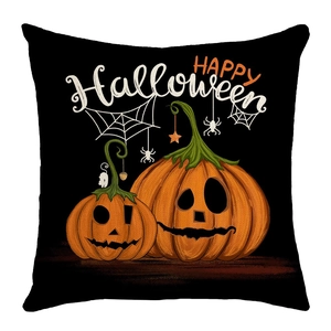 Detail of Halloween pillow case with pumpkin design and Happy Halloween print