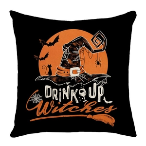 Macro detail of Halloween pillow cover featuring Drink Up Witches text and bat icons