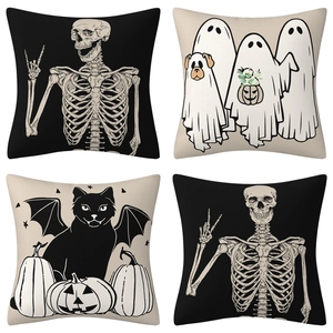 Set of four Halloween pillow covers featuring skull, ghost, and pumpkin graphic designs