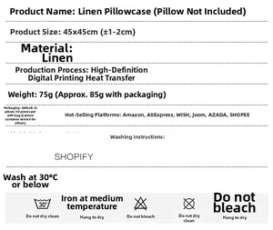 Specifications of linen Halloween skull pillowcase measuring 45x45cm with digital print