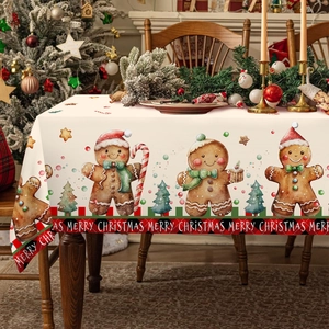 Christmas Gingerbread Man Printed Tablecloth Rectangular Polyester Table Cover For Dining Room Home Holiday Party Decoration