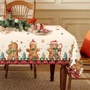Christmas tablecloth with gingerbread man and Merry Christmas text for dining decor