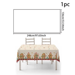 Detail of gingerbread man and Merry Christmas patterns on 53x97 inch dining tablecloth