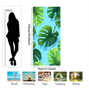 Infographic showing green monstera leaf beach towel size 150x70cm for swimming and yoga