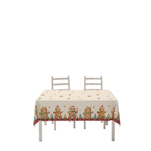 Gingerbread man Christmas tablecloth with festive trees and Merry Christmas border
