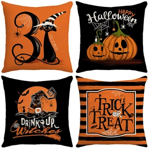Halloween Polyester Pillowcase Pumpkin Black Cat Witch Hat Pattern Printed Cushion Cover For Sofa Halloween Party Home Decor