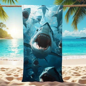 Microfiber beach towel featuring 3D great white shark print at tropical ocean beach scenery