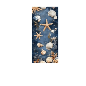 Microfiber beach towel featuring blue ocean print with sea shells and coral patterns