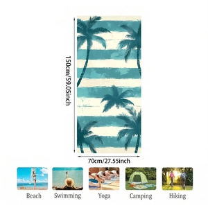 Microfiber beach towel with palm tree print and blue stripes, size 150x70cm
