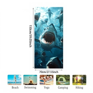 Detailed size chart of microfiber beach towel with realistic shark print and 150x70cm dimensions
