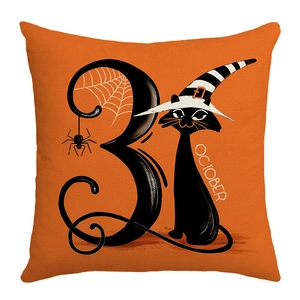 Halloween orange cotton linen throw pillow case featuring black cat and witch hat design