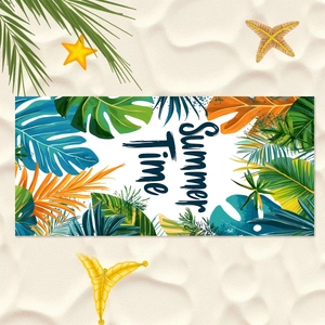 Microfiber beach towel with Summer Time print and tropical leaves on sandy beach