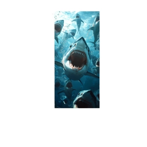 Microfiber beach towel with deep sea shark print showing sharp teeth in blue water