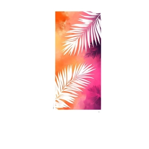 Microfiber beach towel featuring vibrant tropical palm leaves on a sunset gradient background