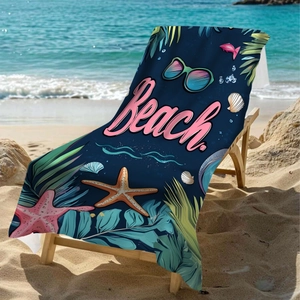 Microfiber beach towel with starfish and sunglasses print on a navy blue sun lounger