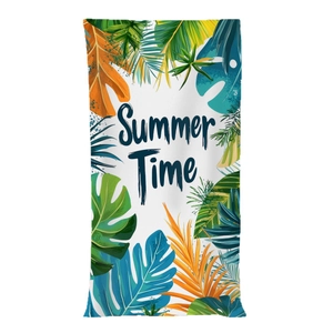 Microfiber beach towel with Summer Time print and vibrant tropical leaves pattern