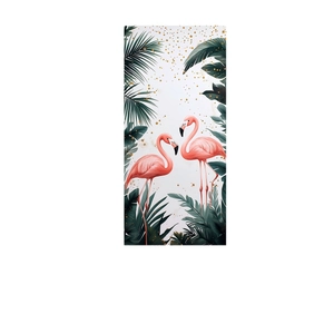 Microfiber beach towel with pink flamingos and tropical green palm leaves design